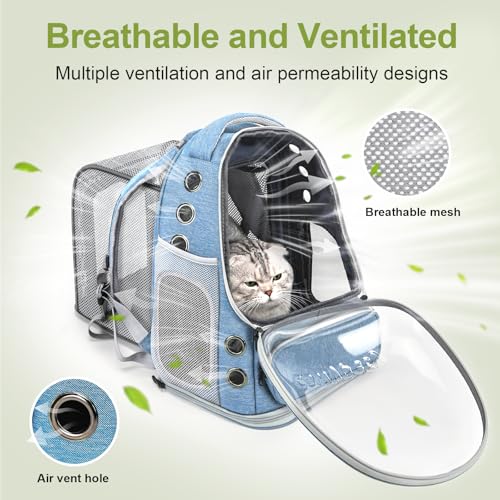 Cawypety Expandable Cat Backpack,Cat Bubble Backpack Carrier for Carrying Cats, Pets and Small Dogs,Airline-Approved,Designed for Travel, Hiking, Walking,Car （Blue - color: Square Expandable- Blue