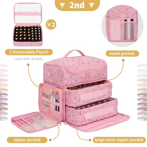 CUBETASTIC Extra Large Nail Polish Organizer Case Holds 86 to 100+ Bottles Nail Polish & Nail Lamp, Nail Supplies Storage Carrying Bag with 2 Removable Pouches (Triangle Pink, 86 Slots) - color: Triangle Pink