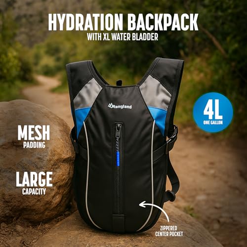 Hiking Backpack with XL Water Bladder (4L, 135oz) Wide-Mouth Hydration Bag with Leakproof Bite-Valve, Easy-Fill Ice Opening, Ergonomic Padded Comfort (Extra Large 1+ Gallon Capacity)