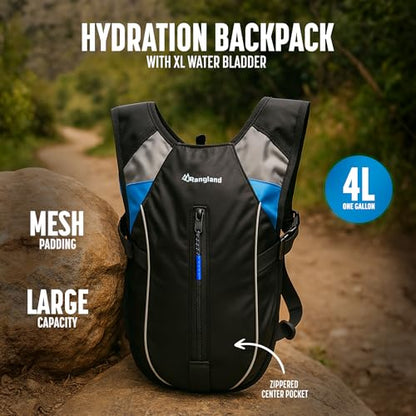 Hiking Backpack with XL Water Bladder (4L, 135oz) Wide-Mouth Hydration Bag with Leakproof Bite-Valve, Easy-Fill Ice Opening, Ergonomic Padded Comfort (Extra Large 1+ Gallon Capacity)