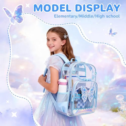 MUSEVOS Clear Backpack for School, Clear Bookbag for Girls PVC Heavy Duty Transparent Backpack, Blue Butterfly - color: Blue
