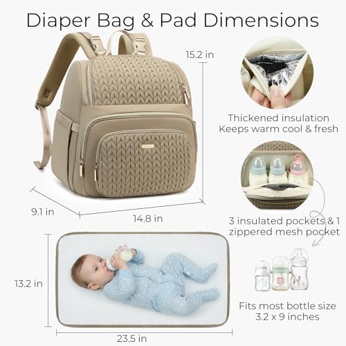 MAPLELILY Large Diaper Bag Backpack, Stylish Baby Travel Diaper Bag, Khaki | Waterproof lightweight maternity hospital backpack. With changing pad, stroller straps, insulated pocket. Mom, dad, toddler - color: Brown Taupe