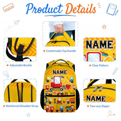 3PCS Personalized School Backpack for Boys Kids Toddlers Excavator Lovers; 17 Inch Kindergarten Construction School Bag with Lunch Box for Primary Students - color: Yellow