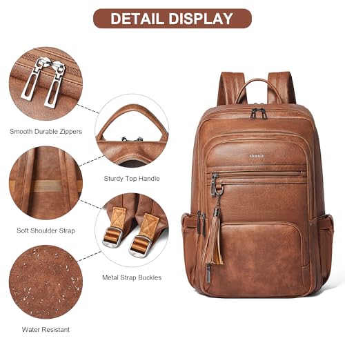 Shrrie 17 Inch Faux Leather Laptop Backpack for Women with Large Cup Holder - color: Caramel Brown