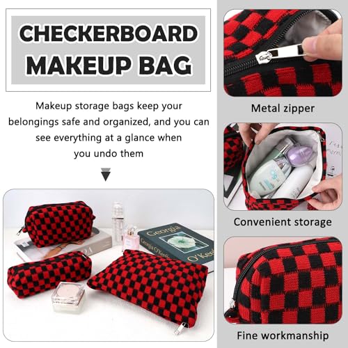 3 Pcs Makeup Bag Cosmetic Bag Set for Girls Women Checkered Travel Organizer Bathroom Toiletry Pouch Large Capacity Storage Bag(Red-Black) - color: Red-Black