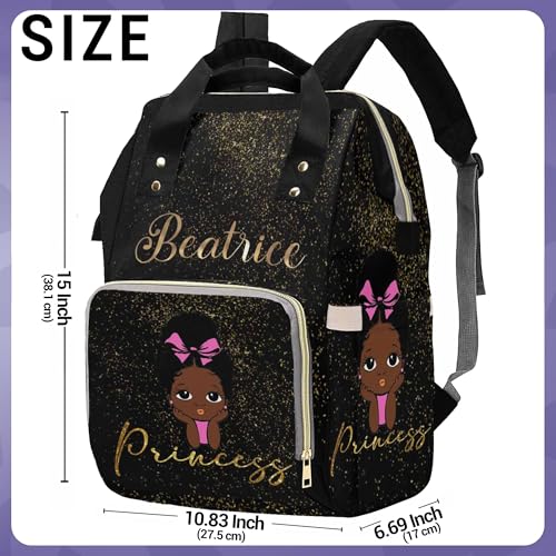 Custom Black Diaper Bag Backpack with Golden Glitter Personalized African Princess Nappy Bag Casual Travel Daypack Customized Newborn Gift for Women - color: 230112-7