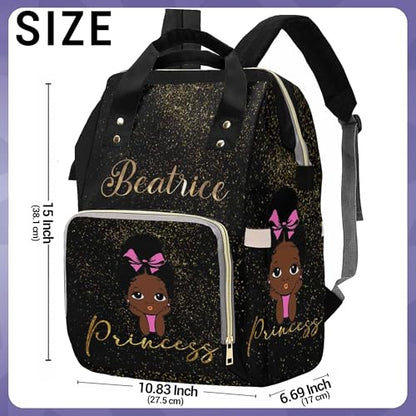Custom Black Diaper Bag Backpack with Golden Glitter Personalized African Princess Nappy Bag Casual Travel Daypack Customized Newborn Gift for Women - color: 230112-7