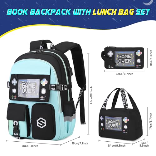 Scothen Boys Backpack, Cool Luminous School Backpacks for Boys with Lunch Bag Pencil Case, Kids Backpack Kindergarten Elementary Middle School Book Bags for Teen Boy Children with USB Charging Port - color: Green