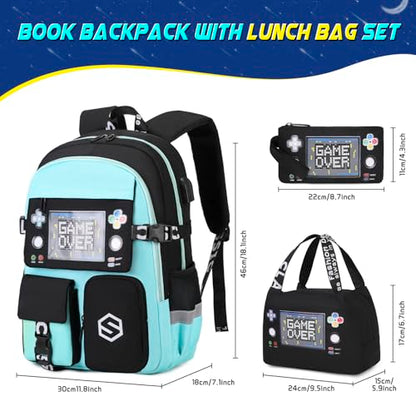 Scothen Boys Backpack, Cool Luminous School Backpacks for Boys with Lunch Bag Pencil Case, Kids Backpack Kindergarten Elementary Middle School Book Bags for Teen Boy Children with USB Charging Port - color: Green