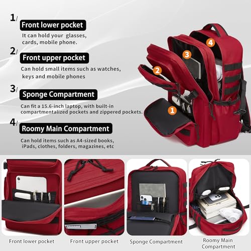 Wotony Military Tactical Backpack for Men Waterproof Daypack 3 Day Assault Pack Molle Bag with Water Bottle Holder - color: Red, size: 35L