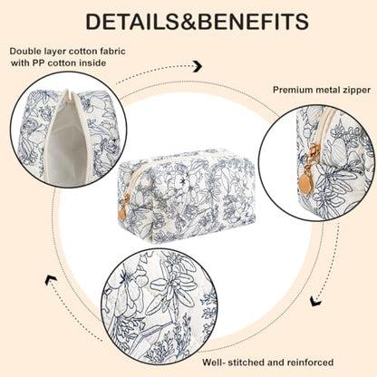 Cute Floral Makeup Bag Small Cotton Quilted Cosmetic Bag, Aesthetic Essential Bag Emergency Bag Gift for Women Girls Travel Accessories (Navy Flowers) - color: A5 Navy Flowers