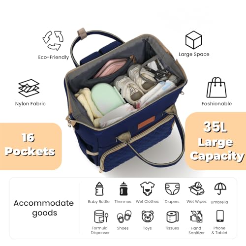 ROSEGIN Diaper Bag Backpack with Changing Pad, Pacifier Case, Baby Bag for Boy Girl Toddler - Large, Stylish, Waterproof Travel Quilted Diaper Bag for Mom - Baby Shower - Navy Blue - color: Navy Blue