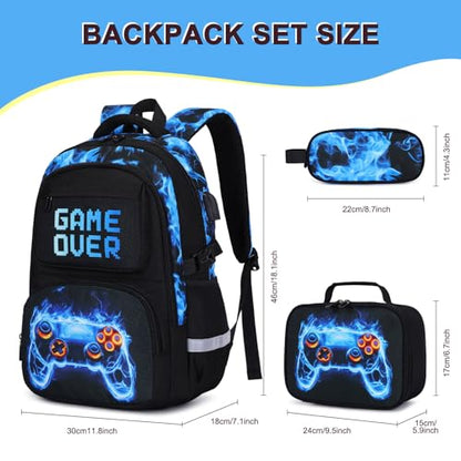 3PCS School Backpack for Boys, Cool Gamer Boys Backpack with Lunch Box and Pencil Case for Kids Kindergarten Teens Elementary Middle School Bag with Convenient Charging Port,Gaming Bookbag Waterproof - color: Blue Flame