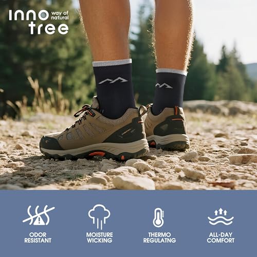 innotree Men's Merino Wool Hiking Socks 3 Pairs, Moisture Wicking Cushioned Breathable Crew Socks for Hiking Walking Trekking - color: Dark Grey, Light Gray, Cyan, size: Large