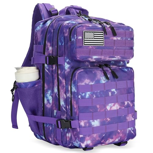 45L Military Tactical Backpack Hiking Backpacks Tactical Gear Camo Back Pack Army Molle Bag Rucksack Fitness Daypack - color: Purple Tie Dye