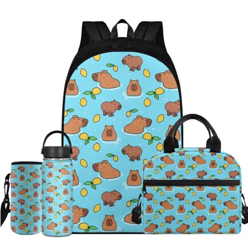 Flashideas Cute Capybara Backpack for School Boys Backpack with Lunch Box Insulated Water Bottle and Water Bottle Bag 4Pcs Set 17" Girls Bookbag with Compartments Sturdy School Bag for Kids Elementary - color: Capybara and Lemon