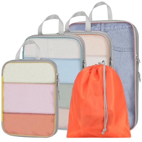 Cambond Compression Packing Cubes for Travel - Lightweight Expandable Travel Bags Luggage Organizers Travel Essentials Compression Cubes for Travel Space Saver for Carry on Suitcases Organizer - color: 04 Lake Blue/Watermelon Pink/Orange/Yellow, size: 5-P