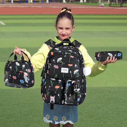 ACESAK Backpack for Girls - Girls Backpack with Lunch Bag & Pencil Pouch for Teen Kids Laptop Backpack for Women, Elementary Middle High School Bookbag Travel Daypack (Black Flower) - color: Black Flower