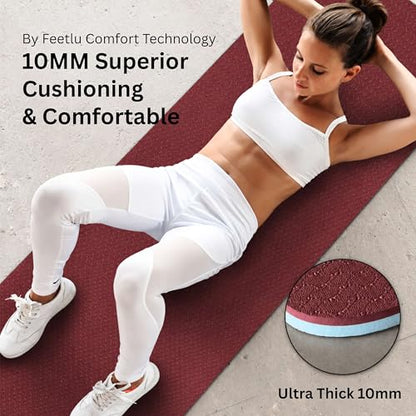 Extra Thick Yoga Mat with Carry Strap, 10mm Non-Slip Exercise Mat, 72 x 24 Inch Cushioned Workout Mat for Yoga, Pilates, Stretching & Floor Exercises - color: Dark Red & Blue Gray