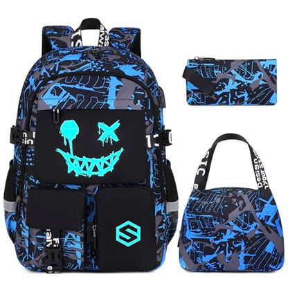 Scothen Boys Backpack, Cool Luminous School Backpacks for Boys with Lunch Bag Pencil Case, Kids Backpack Kindergarten Elementary Middle School Book Bags for Teen Boy Children with USB Charging Port - color: Blue Face