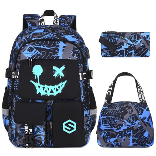Scothen Boys Backpack, Cool Luminous School Backpacks for Boys with Lunch Bag Pencil Case, Kids Backpack Kindergarten Elementary Middle School Book Bags for Teen Boy Children with USB Charging Port - color: Blue Face