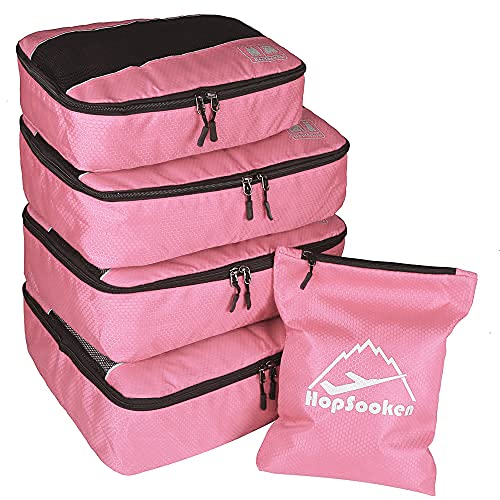5 Set Packing Cubes for Travel Large Suitcase Luggage Organizer Bags Travel Accessories Vacation 4 Cubes 1 Laundry Pouch Bag - color: Pink