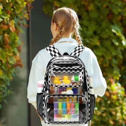 Bluboon Clear Backpack Heavy Duty Kids Boys Clear Bookbag See Through Backpacks with Pencil Case for College Work - color: Transparent Black White Checked