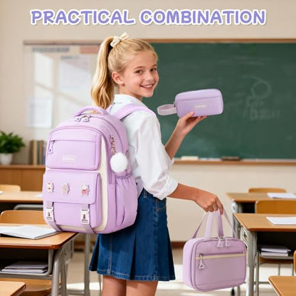 Girls Backpack, 3pcs Sets Kids Backpack for Girls with Anti-theft Back Pocket, Lightweight School Backpacks Water Resistant Lunch Bag with Pencil case for Elementary Primary School, Purple - color: Purple 3pcs