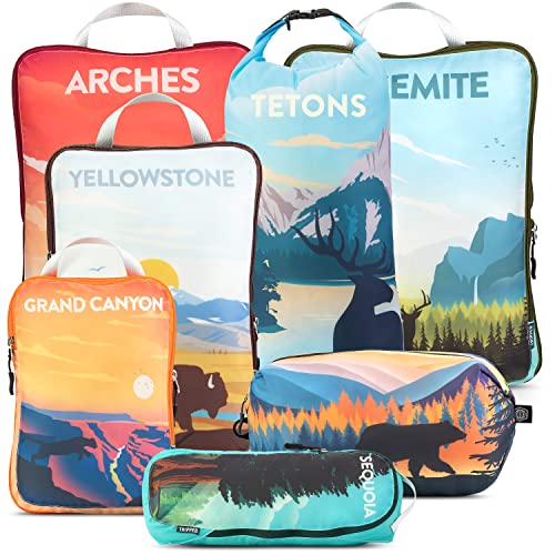 Large Compression Packing Cubes for Travel-Packing Cube Luggage Organizers 7 Piece Set for Checked Luggage-Ultralight, Expandable/Compression Bags by TRIPPED Travel Gear (National Parks) - color: National Parks
