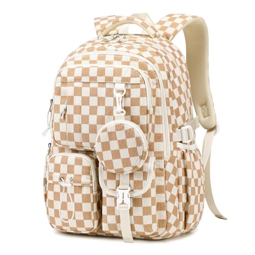 MOONBABY Girls Backpack, Kids Backpack for Girls, School bag for Primary Elementary Teenage, Middle School Students Bookbag - color: Brown Check