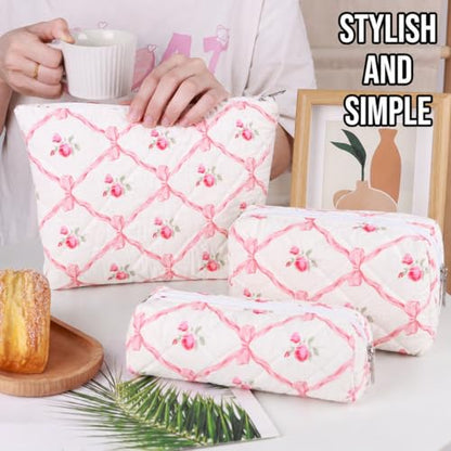 3 Pcs Makeup Bag Cosmetic Bag Set for Girls Women Travel Organizer Bathroom Toiletry Pouch Large Capacity Storage Bag（Pink Ribbon） - color: Pink Ribbon