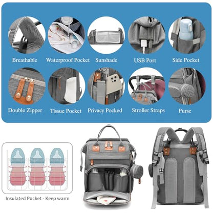 Jeryswet Baby Diaper Bags with Changing Station, Waterproof Large Capacity Diaper Bag Backpack for Moms Dads with USB Charging Port and Stroller Straps, Baby Shower Gifts, Grey - color: Gray