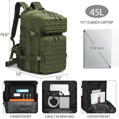 Military Tactical Backpack 45L/25L 3 Day Assault Pack Molle Daypack Hiking Backpack for Men and Women - color: Armygreen-2, size: 45L