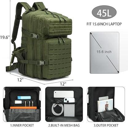 Military Tactical Backpack 45L/25L 3 Day Assault Pack Molle Daypack Hiking Backpack for Men and Women - color: Armygreen-2, size: 45L