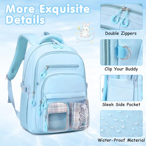 GeeWin Girls Backpack for School with Lunch Box & Pencil Case Set, 17 Inch Stylish Plaid Girls Bookbag with Lots of Pockets for Kids, Teens, Elementary Middle High College School Student (Blue) - color: Blue