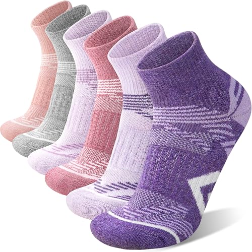 ANTSANG 6 Pairs Merino Wool Quarter Ankle Hiking Running Socks Compression Thermal Thick Cushion Socks for Women Men - color: Pink-purple Series, size: Medium