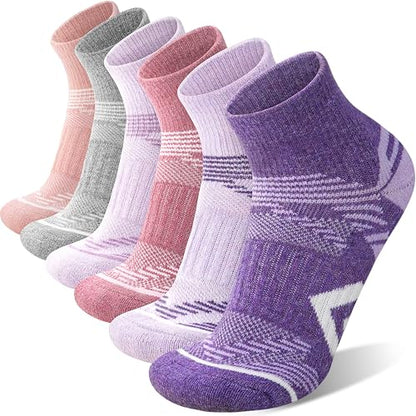 ANTSANG 6 Pairs Merino Wool Quarter Ankle Hiking Running Socks Compression Thermal Thick Cushion Socks for Women Men - color: Pink-purple Series, size: Large