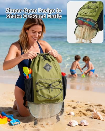 WANDF Drawstring Backpack with Removable Wet Pocket, Sandproof Beach Backpack with Bottom Compression Strap for Beach Mat, Swim Bag for Pool, Gym, Travel and Workout Gear (Dark Green) - color: Dark Green