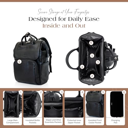 Citi Collective Explorer Black Diaper Bag Backpack - Vegan Leather Diaper Bag with Shoulder Strap, Insulated Bottle Pockets, Changing Pad, Stroller Clip- Versatile Diaper Bag for Baby - color: Black