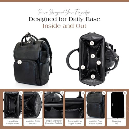 Citi Collective Explorer Black Diaper Bag Backpack - Vegan Leather Diaper Bag with Shoulder Strap, Insulated Bottle Pockets, Changing Pad, Stroller Clip- Versatile Diaper Bag for Baby - color: Black