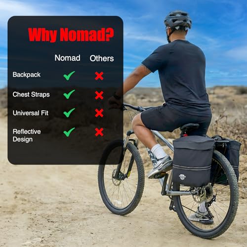 Nomad USA 34L Bicycle Saddlebags Pair XL 2-in-1 Bike Panniers Converts to Backpack Carry Bag Reflective Everyday Scooters Commuters Bike Rear Rack Bag w/Rain Cover for Students,City,Road,Mountains