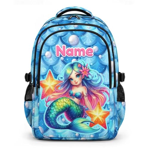 Personalized Girls Backpack Custom Mermaid Backpacks for Kids Back to School, Durable 17 Inch Schoolbags with Name for School Travel Picnic - color: Blue