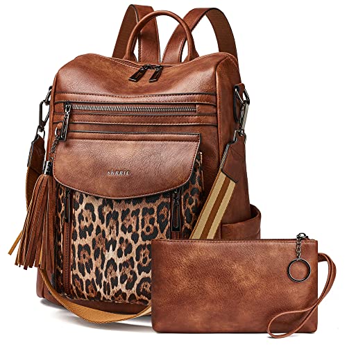 Shrrie Backpack Purse for Women Fashion Leather Backpack Purse Designer Travel Backpack Convertible Shoulder Bag with Wristlet - color: 1-9 Brown With Leopard