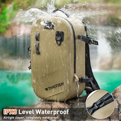 THKFISH IPX8 Waterproof Fishing Backpack with Rod Holder, Lightweight Fishing Sling Bag, Move Freely Fish Gifts for Men - color: Brown