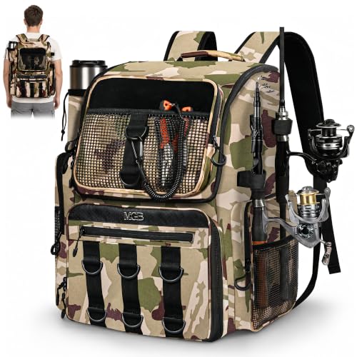 MGB 46L Fishing Tackle Backpack with 2 Rod Holders & YKK Zipper Storage Fishing Gear and Equipment, Gifts for Men Father - color: Brown Camo（without Tackle Box）