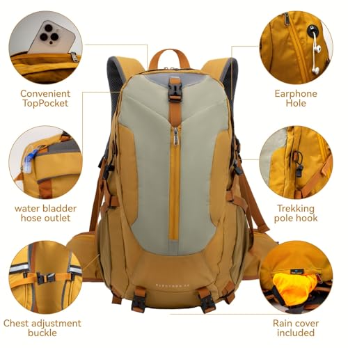 Hiking Backpack 40L, Waterproof Hiking Backpack with Rain Cover, Large Camping Bag Outdoor Sport Travel Daypack | Rain Cover - color: Yellow-b