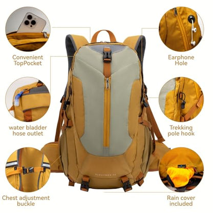 Hiking Backpack 40L, Waterproof Hiking Backpack with Rain Cover, Large Camping Bag Outdoor Sport Travel Daypack | Rain Cover - color: Yellow-b
