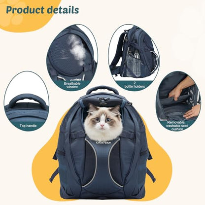 Dog Backpack Carrier for Hiking, Pet Travel Bag up to 18 lbs, 2-in-1 Foldable Cat Backpack with Laptop Compartment, Reinforced Ventilated 600D Nylon Rucksack for Walking Camping Commuting - color: Navy Blue