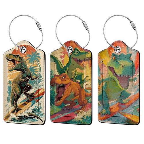 Surfing Dinosaur 3 Pack Luggage Tags for Suitcases, PU Leather Baggage Suitcases Tag Name ID Label Privacy Cover Travel Bag Tags for Women Men Boys Girls - color: Surfing Dinosaur