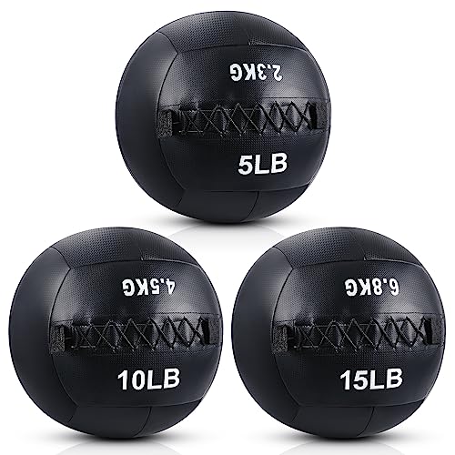 Lunmon Soft Wall Medicine Ball for Exercise Fitness Slam Weighted Med Ball with Non Slip Grip for Slamming Workout Strength Conditioning Core Training Lunge and Partner Toss - size: 5, 10 and 15 Lbs